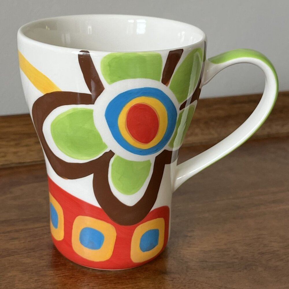 Hues N Brews Floral Mug Abstract Coffee Cup Red Brown Green Blue Orange Thailand